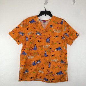 Disney Eyeore Scrub Top Size Women Medium Orange Halloween Pockets Short Sleeve